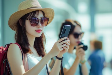 Young Asian Women Tourists Using Smartphones to Capture City Moments with Friends