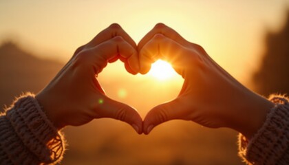 Hands forming a heart shape against a glowing sunset background, symbolizing love, connection, and warmth, perfect for romantic promotions, self-care campaigns, or inspirational content