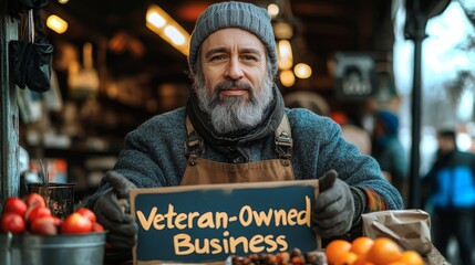 Veteran entrepreneur proudly showcasing a Veteran-Owned Business sign at a busy market