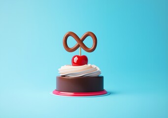 chocolate cake with cherry, creme and chocolate infinity sing as decoration, for anniversary celebration and similar occasions to show love. Blue background