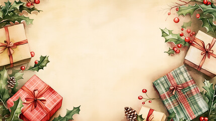 A watercolor flat-lay of vintage Christmas gifts with patterns of holly and plaid, set against a parchment-textured background