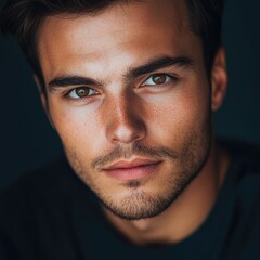 Obraz premium Striking Portrait of a Handsome Brunette Male Model with Light Brown Eyes Against Dark Background