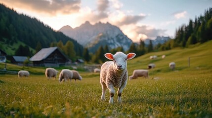 Serene Livestock on a Farm in Mountain Landscape