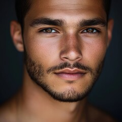 Obraz premium Striking Portrait of a Handsome Brunette Male Model with Light Brown Eyes Isolated on Dark Background