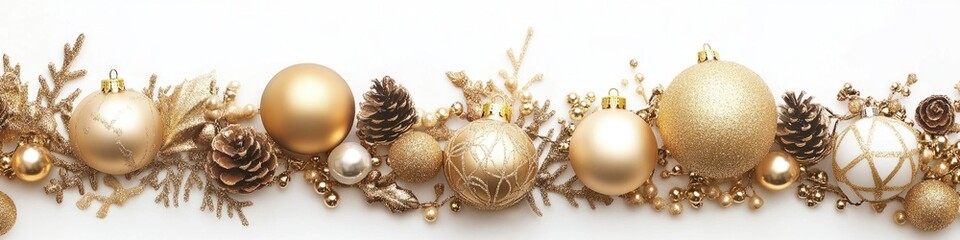 Festive Golden Ornaments with Baubles and Gifts Framing a White Background for Christmas Decor