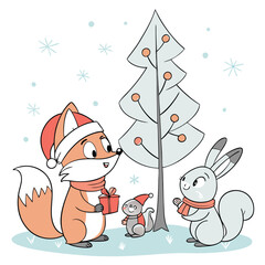  A woodland scene with cute winter animals like a fox, rabbit, and squirrel wearing tiny Santa hats or scarves, gathering around a decorated tree