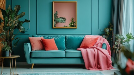 Teal Living Room with Pink Accents and Lush Plants