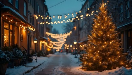 Fototapeta premium Christmas tree with lights and snow in the centre of the small city
