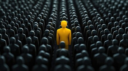 Fototapeta premium Yellow Figure Standing Out in a Crowd of Identical Black Figures Symbolizing Leadership and Individuality
