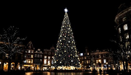 Christmas tree with lights and snow in the centre of the small city
