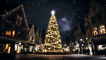 Christmas tree with lights and snow in the centre of the small city