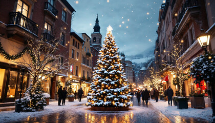 Christmas tree with lights and snow in the centre of the small city