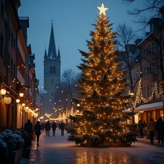 Christmas tree with lights and snow in the centre of the small city