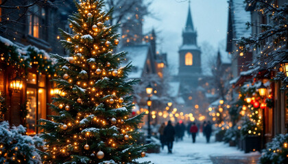 Christmas tree with lights and snow in the centre of the small city