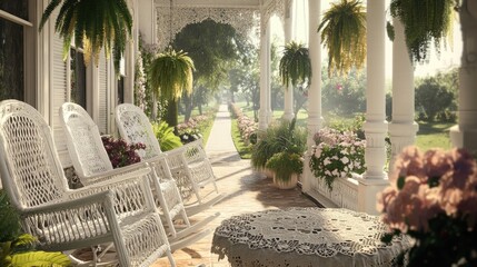 Fototapeta premium An opulent Victorian veranda with white wicker rocking chairs