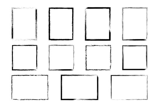 Set of rectangular and square grunge frames. Vector illustration of textured linear shapes drawn with rough brushes