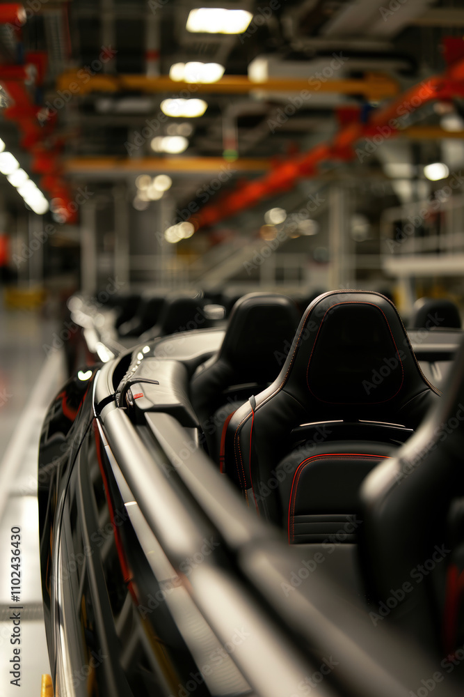 Poster modern automobile assembly line focusing on seat and dashboard installation for efficient production