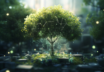 A tree surrounded by glowing digital connections, symbolizing the growth of AI technology in an environment with green landscapes and futuristic cityscapes.