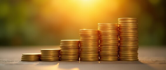 Coins laid out in piles on a background with a blurr.