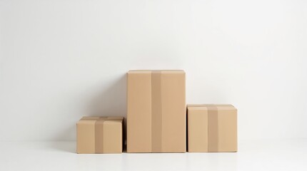 Cardboard boxes in minimal white room with copy space