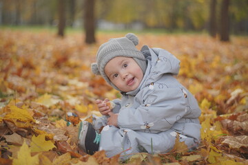 Little boy playing in autumn park. Child on yellow fallen leaves on a sunny autumn day.