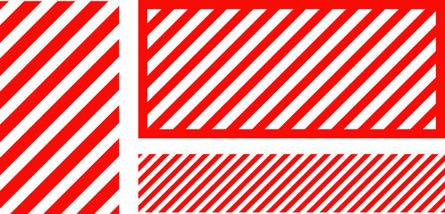 Obraz premium Attention, danger or caution sign. Various white and red warning signs with diagonal lines stripes. Danger zone background