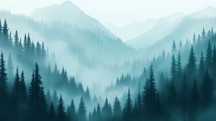 Fototapeta premium Mystic Mountains: Foggy Landscape with Pine Trees in Cool Blue Tones. 