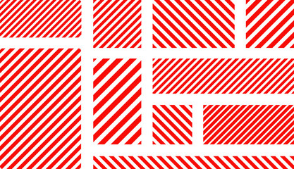 Attention, danger or caution sign. Various white and red warning signs with diagonal lines stripes. Danger zone background