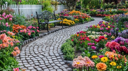 Charming Victorian flower garden with cobblestone paths