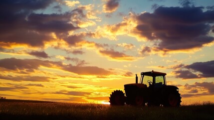 Fototapeta premium Spring Dusk: Silhouetted Landscape of Fields and Farms Beneath a Colourful Sunset Sky with Clouds