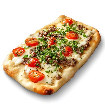 Rectangular pizza with cherry tomatoes, ground meat, and fresh herbs