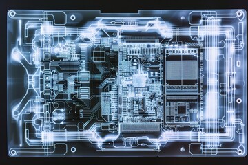 High-Resolution X-Ray of Electronic Circuit Board Highlighting Connections and Components