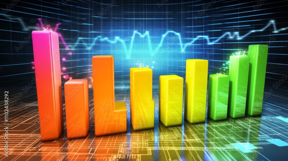 Poster colorful 3d bar graph over digital background with data elements