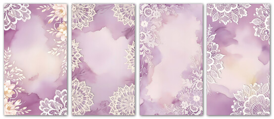 Set of vintage corner frames with flowers and lace. Watercolor purple background with patterns. Background for an invitation, greeting card, or wedding design.