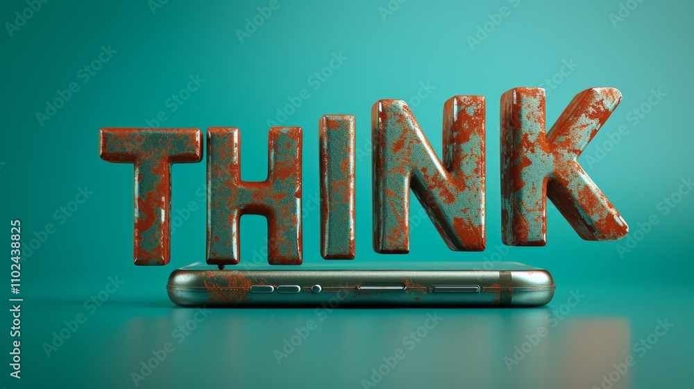 Poster The word THINK is displayed in rusted metal 3D letters atop a smartphone with a clean teal background. The combination of metal texture and modern device is visually striking. AI generated.