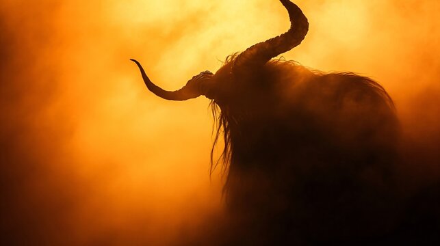 Silhouette of krampus with goat horns against night dark background with fire and smoke. Demon in hell. Traditional Christmas devil. Halloween, Yule, pagan New Year. Man in costume on masquerade