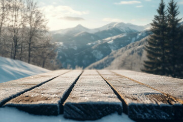 Wooden retro table cover of snow and frost with landscape of mountains. Sunny cold day of december time. Mockup of new year time.


