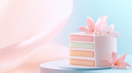 Elegant Pastel Layer Cake with Delicate Floral Decorations Against Soft Background