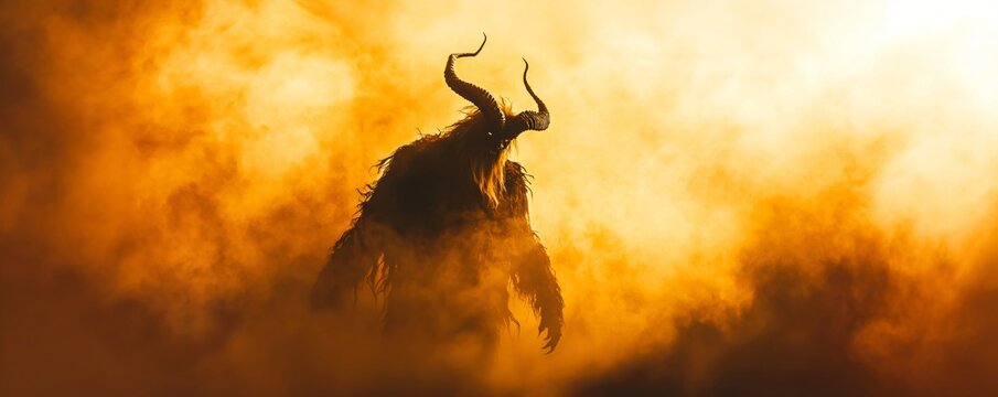 Silhouette of krampus with goat horns against night dark background with fire and smoke. Demon in hell. Traditional Christmas devil. Halloween, Yule, pagan New Year. Man in costume on masquerade
