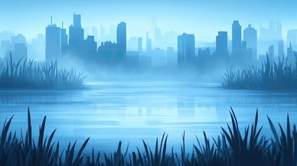 Fototapeta premium Misty city skyline reflected in calm water, seen from a lakeside vantage point with tall grasses in the foreground.