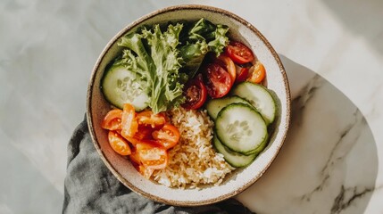 Fresh Salad Bowl with Rice, Tomatoes, and Cucumbers on Marble Surface