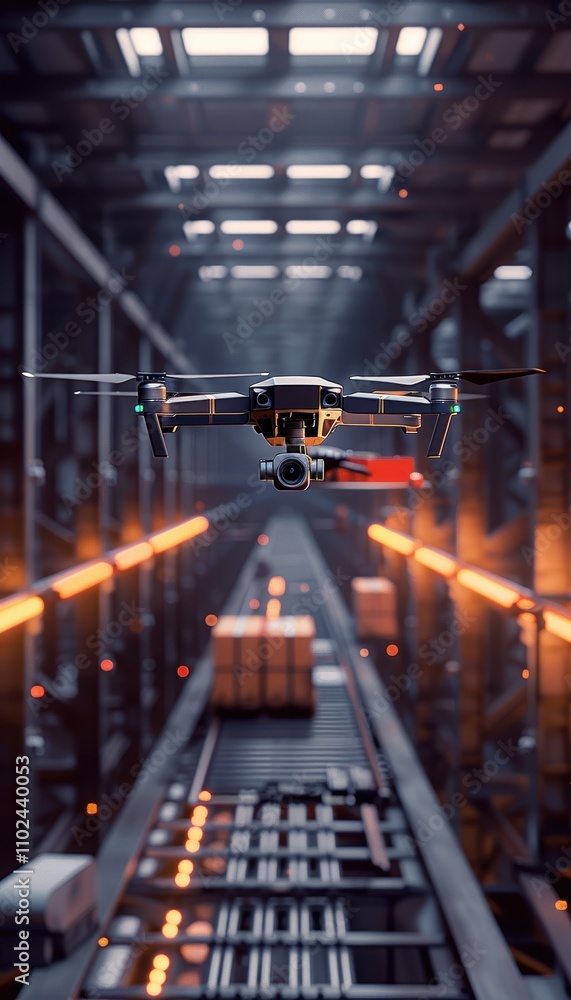 Poster modern warehouse automation with drones and conveyor systems for efficient goods management