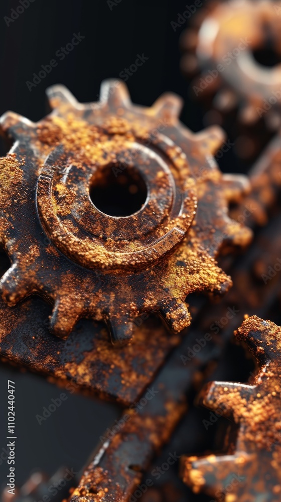 Poster a detailed close-up of corroded metal gears with visible rust and wear. the intricate design and tex
