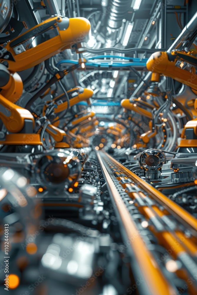 Poster futuristic automobile assembly line with robotic arms and next generation vehicle production