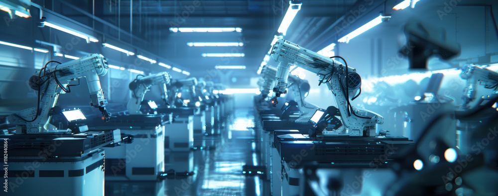 Poster futuristic drone assembly line with robotic arms in high-tech factory
