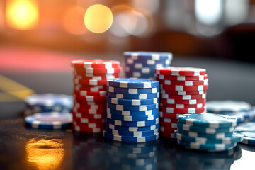 A close-up of colorful poker chips stacked in neat piles on glossy surface, illuminated by warm ambient lights in classic casino setting