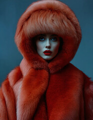 Minimalistic portrait of a beautiful woman with red lips and cold big eyes wearing earrings
