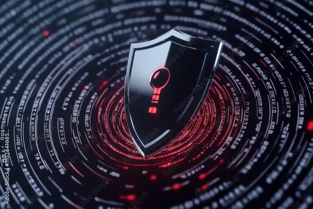 Poster cybersecurity shield icon surrounded by digital data stream