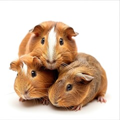 Three guinea pigs playing on white background
