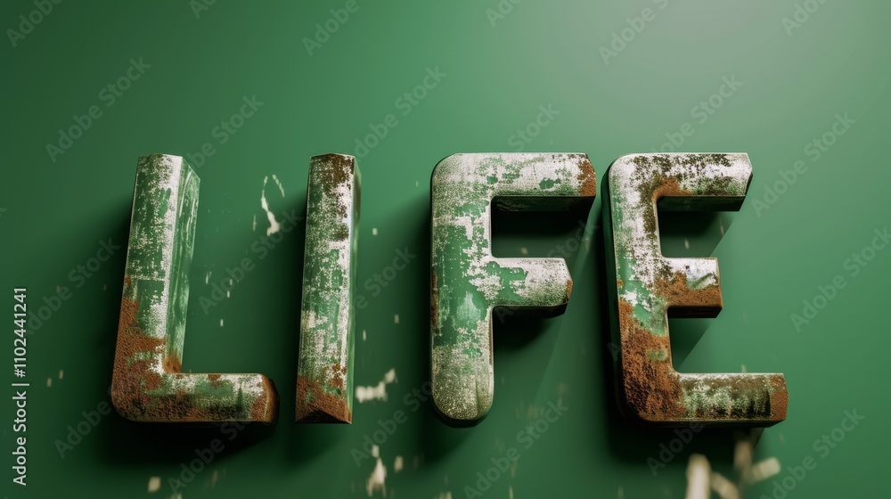Poster close-up of 3d-rendered life typography, featuring chipped and faded paint textures that create a se